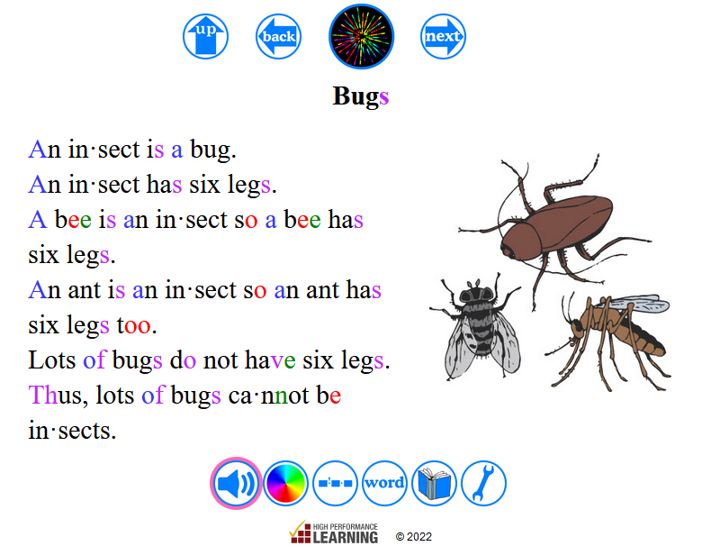 Bugs is a story from Unit 1: Book 6.
All our reading materials are available in Better-Than-A-Book Multi-Media Font which has the following features:
1. Colours are used to show the phonic rules.
2. Click on letters to hear their sounds.
3. Insert syllable markers to make it easier to read long words.
4.  Hear the names of individual letters.
and more.